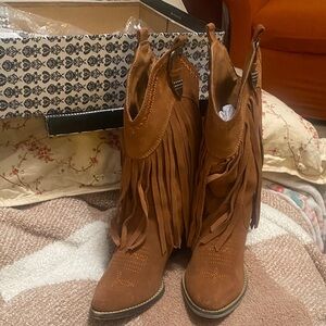 Very Volatile Tan Fringe Ankle Booties